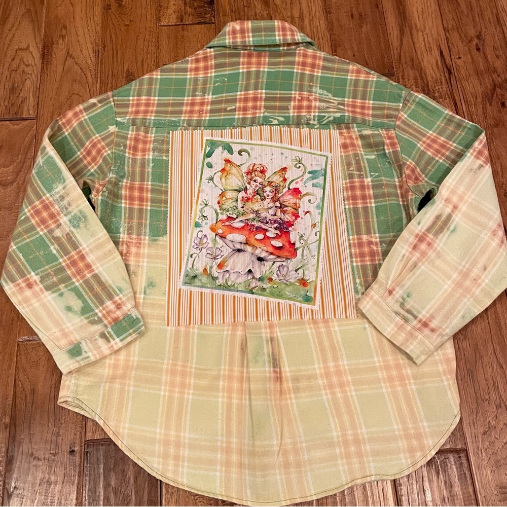 Women's S/Girls XXL long sleeve flannel bleached and repurposed fairy shirt.